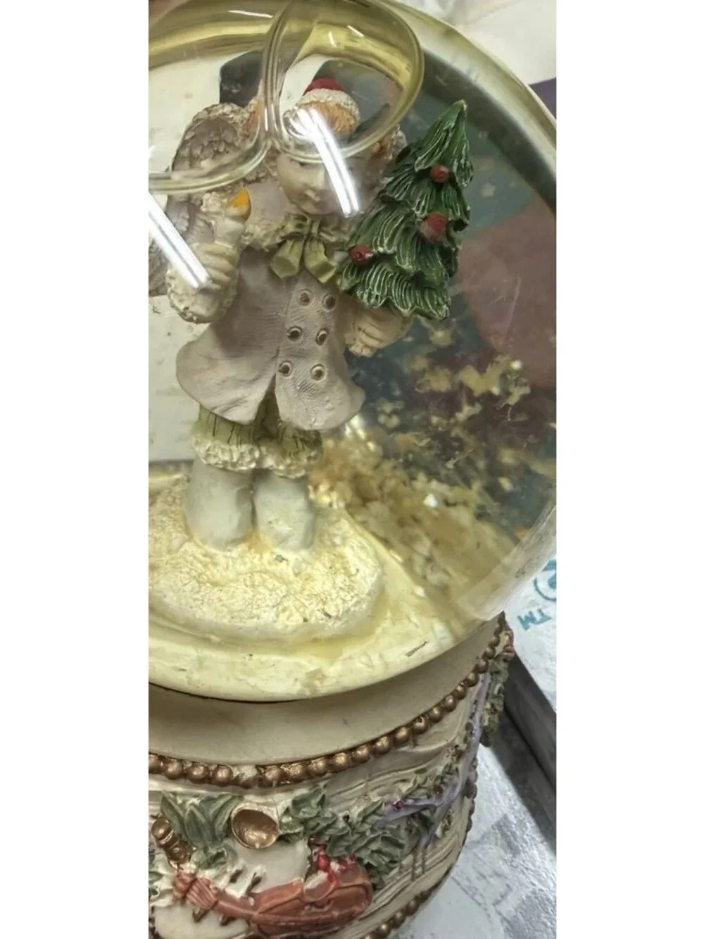 Vintage Christmas Angel Snow Globe Musical Box Holioday Decor Violin Holly Base